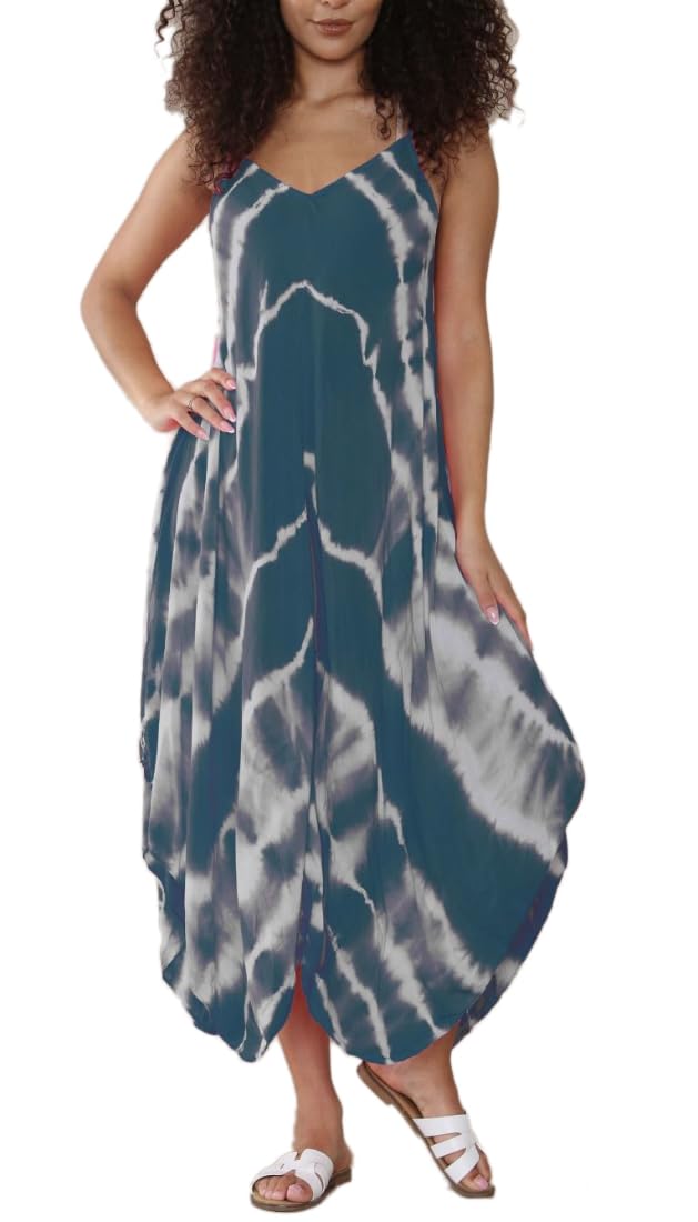 Fairy Trendz Ltd Women's Teal Tie Dye Lagenlook Cami Strappy Baggy Harem Jumpsuit Dress Romper Jumpsuit ( One Size)