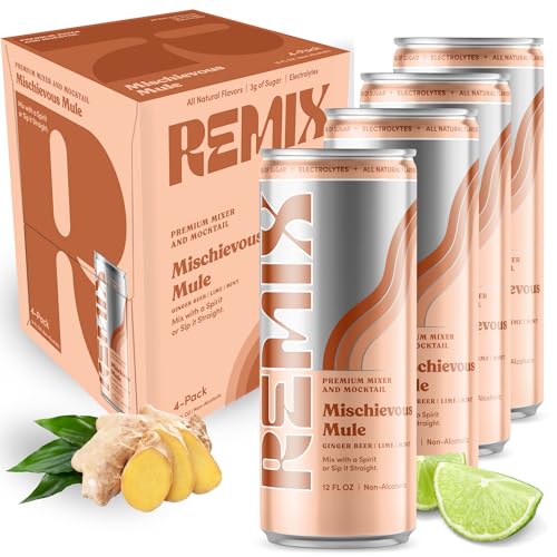 Remix Non-Alcoholic Drinks & Mocktails - Alcohol Replacement Beverage with All-Natural Flavors, Real Juice & Electrolytes - Low Sugar & Calorie Non-Alcoholic Spirits (4 Pack, Mischievous Mule)