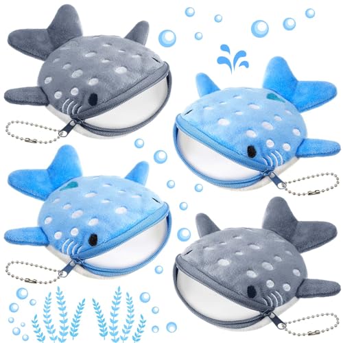 4 Pcs Whale Shark Coin Purse, Plush Coin Pouch with Zipper, Kawaii Shark Wallet, Fish Sea Animal Change Purse for Kids Girls Women Cosmetic Items Earphone Gifts, Blue, Gray