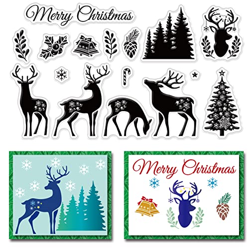 CRASPIRE Christmas Clear Stamp Elk Mistletoe Pine Cones Snowflake Deer Silicone Stamp Seal Transparent Rubber Stamps for Christmas Card Making Decoration DIY Scrapbooking Decor Craft