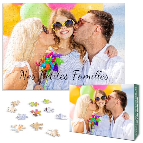 Puzzle Personnalisé Photo 120/200/300/500/1000 Pièces, Puzzle Personnalisable avec Texte et Fond Photo HD, Cadeau Personnalisé pour Famille Couple Enfant, Idee...