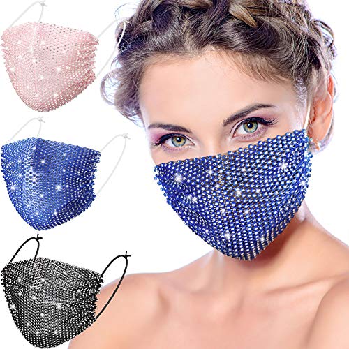 3 Pieces Chic Rhinestone Face Covering Chain Crystal Metal for Women Girls (Black, Pink, Royal Blue)