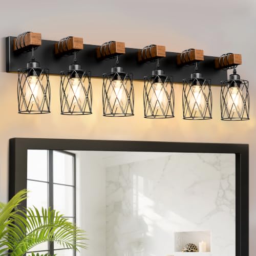 Image of IZORRO Farmhouse Bathroom Vanity Light, 6-Light Wood Bathroom Light Fixtures Over Mirror, Black Industrial Vanity Lights with Metal Shade, Rustic Restroom Lighting Fixtures