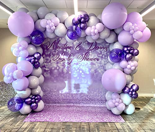 Image of 150Pcs Purple Balloons Garland Arch Kit - 5 10 12 18 inch Lavender Pastel Metallic Purple Confetti Balloons Silver White Latex Balloon for Girl Birthday Baby Shower Princess Party Decorations