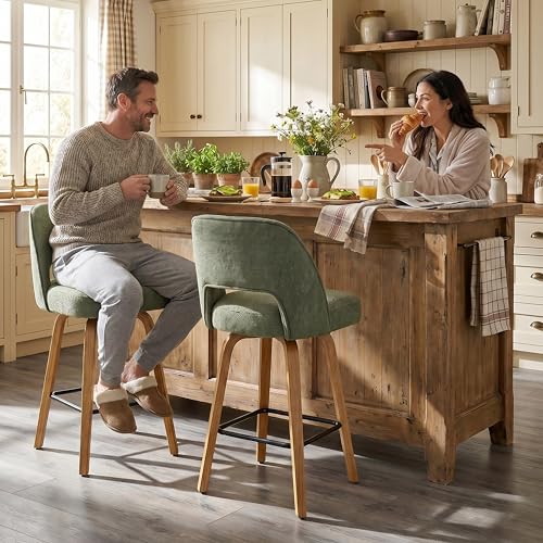 Butacos giratorios para barra, juego de 2, altura de mostrador de 26", color verde musgo | patas curvas de madera doblada, acabado en roble natural, asiento tapizado, respaldo ergonómico, cojín de 4 pulgadas, capacidad de peso de 350 libras miniatura 7