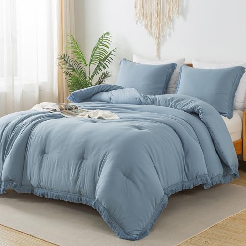 Image of Andency Grayish Blue Comforter Set Full Size, 3 Pieces Boho Tassel Lightweight Bedding Comforter Sets, All Season Soft Fluffy Fringe Bed Set (79x90In Comforter & 2 Pillowcases)