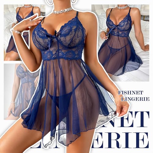 Women's Lingerie Sexy Lace Babydoll Dress Pajamas with Pantie Navy3