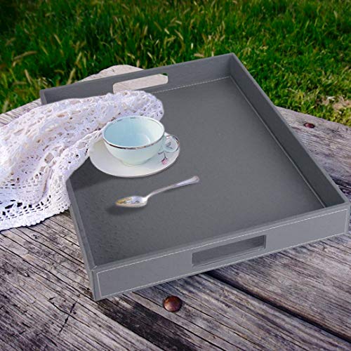 HofferRuffer Ostrich Faux Leather Rectangular Decorative Serving Tray with Handles for Coffee Table, Breakfast, Tea, Food, Butler, Grey Ostrich PU Leather, 17.7 x 13.8 x 2 inches