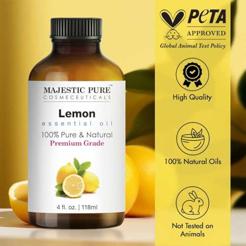 Image of Majestic Pure Lemon Essential Oil for Diffuser - 4 Fl Oz | 100% Pure & Natural Essential Oils Ideal for Aromatherapy, Massage, Soap and Candle Making, Massage, Lemon Oil
