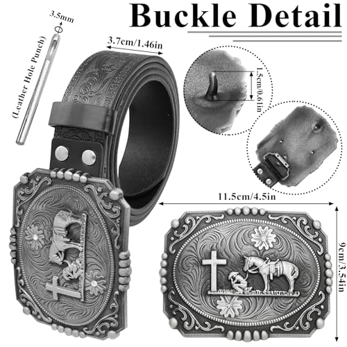 RechicGu Western Leather Belt for Men Women, Cowboy Floral Engraved Leather Belt With Cross Prayer Horse Buckle, 1.5" Wide2