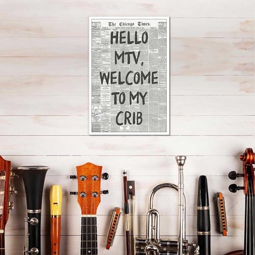 Image of Drimiler Hello Mtv Welcome To My Crib Poster Vintage Black And White Newspaper Canvas Wall Art Positive Affirming 70'S Room Aesthetic Prints Painting For Home Bedroom Dorm Wall Decor 8x12in Unframed