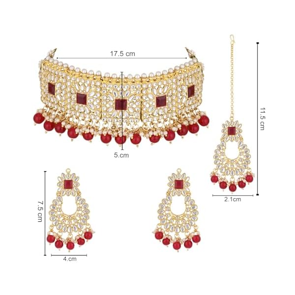I Jewels Gold Plated Traditional Kundan Pearl Choker Necklace Jewellery Set With Earrings & Maang Tikka For Women (K7286M) - Image 8