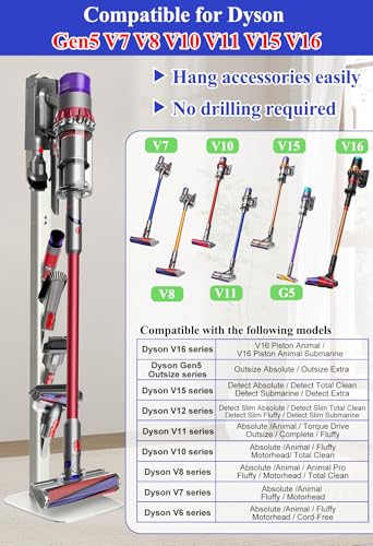 Image of Haturi Vacuum Stand for Dyson Gen5detect V16 V15 V12 Detect V11 V10 V8 V7 V6 Handheld Cordless Vacuums, Vacuum Holder and Metal Storage Bracket with Hidden Cord Design & Multiple Hooks, White