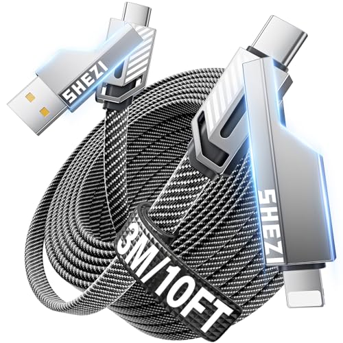 SHEZI Cable de carga múltiple 4 en 1, 100 W, USB C, cable de carga rápida, compatible con cable Lightning, nailon plano rápido para iPhone 17/iPad/Galaxy S25, varios puertos con L/USB A/C, 3 m
