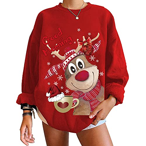 Eghunooye Weihnachten Damen Kapuzenpullover Langarm Hoodie Sweatshirt Weihnachtspulli mit Hirsch Muster Aufdruck Xmas Pullover Pulli Outwear S M L XL XXL (Rot, X-Large)