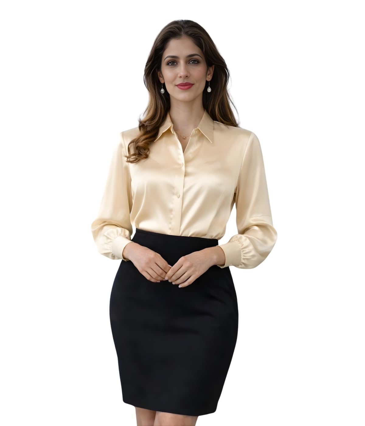 Women's Satin Shirt & Pencil Skirt Co-Ord Set | Formal Office Wear Shirt & Skirt Set | Long Sleeve Silk Satin Blouse with High Waist Knee Length Skirt | Business Workwear Outfit for Women-image-30