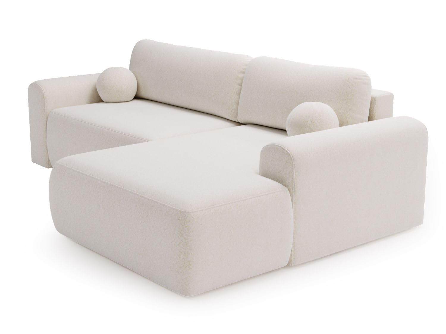 GRAINGOLD Savana L 257x177 cm, L-Form Sofa, Schlafcouch für Wohnzimmer, Bouclé-Stoff, 3-Sitzer Eckcouch, Ecksofa mit Bettkasten (Weiß, Rechts)