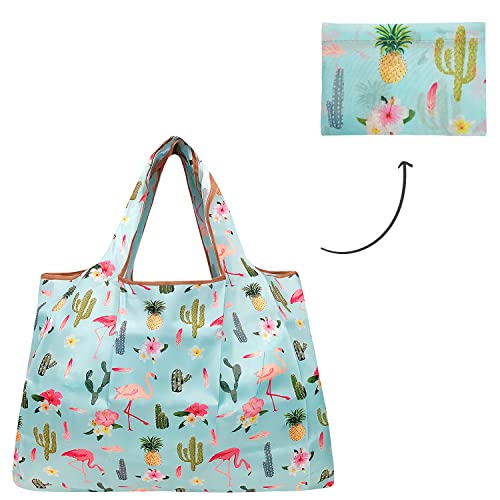 Wrapables Durable and Large Nylon Reusable Shopping Bag (Flamingoes & Cacti)