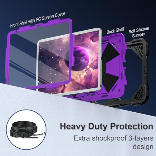 Image of Scnioy Case for iPad A16 11th /10th Generation 11 /10.9 Inch 2025 /2022, Rugged iPad 10th Gen Case i Pad A16 Cover with 360 Rotating Stand Screen Protector Pen Holder Shoulder Strap, Darkpurple