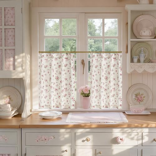 StangH Floral Pinch Pleated Kitchen Curtains Natural Linen Cafe Tier Farmhouse Light Filtering Small Drapes for Cabinetry/Laundry Room,W26xL36,Dusty Rose,2 Panels(10 Plastic Hooks with 2 Extra)