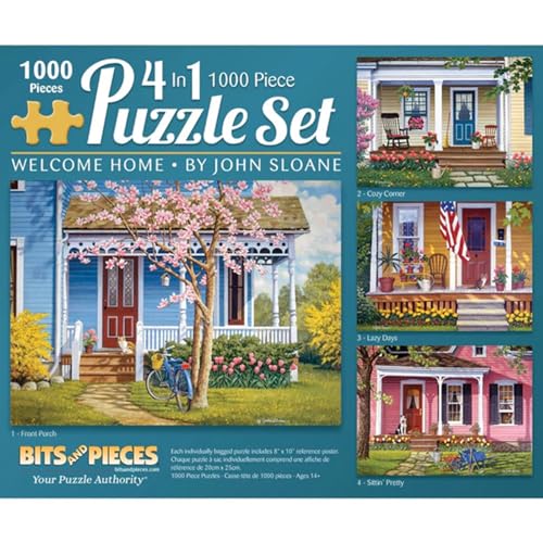 Set de 4 Puzzles de 1000 piezas Bits and Pieces - Casa Acogedora | 20" x 27" - Puzzles Vintage Cottage Core - Cartón reciclado grueso - Colores brillantes - Sin encajes falsos