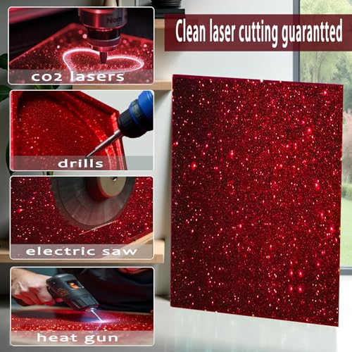 Image of Glitter Acrylic Sheets, Red, 12 inchx8 inch, 2 Pack, 1 /8 inch Thick | 3mm Cast Sparkly Sheets, For Laser Cutting, Engraving, Invitation Blanks, Signs & Festival Decorations