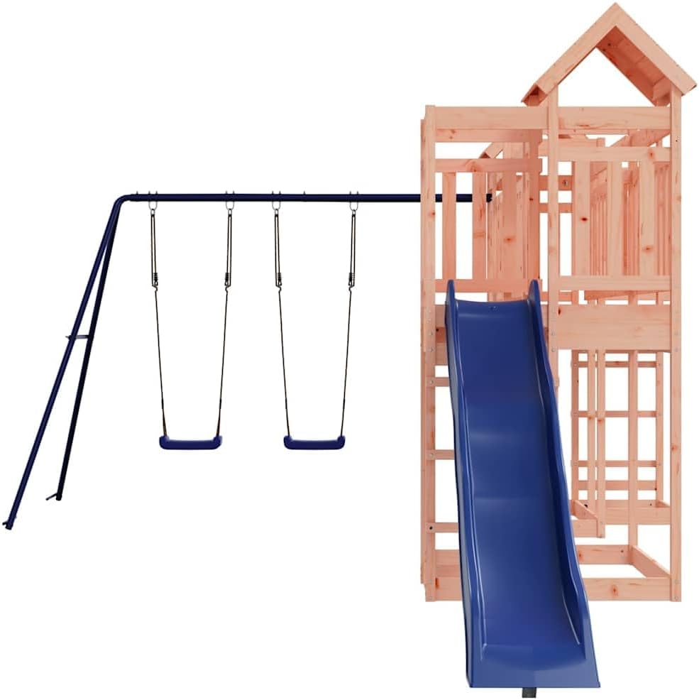 Outdoor Wooden Playset for Kids, Large Backyard Swing Set with Slide and Play Tower, Durable Solid Douglas Fir Wood Playground for 4 Children, Brown