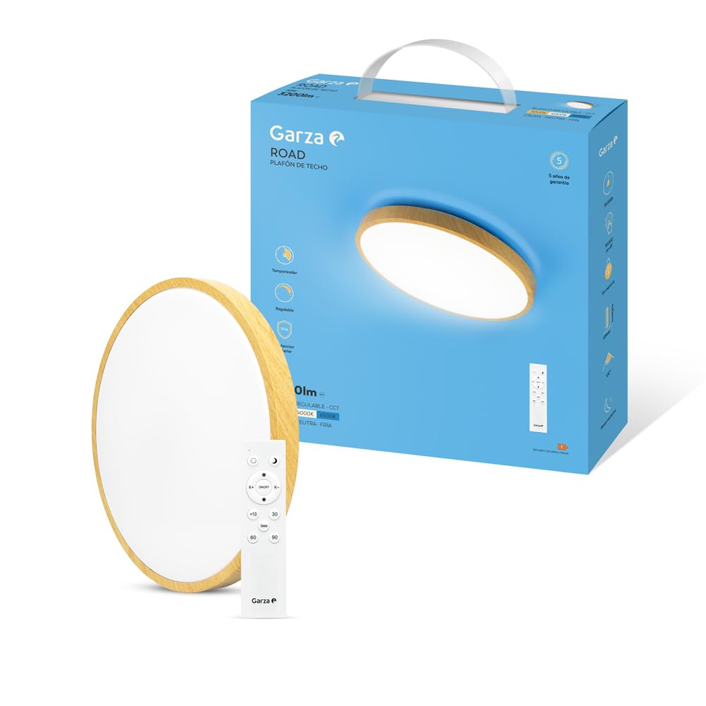 Garza - Plafón LED Techo con Control Remoto, 24 W 2500 lm, Intensidad y Temperatura de Color Regulables 2700K-6500K, Impermeable IP44, Temporizador de Apagado, Redondo 295 x 65 mm, Madera