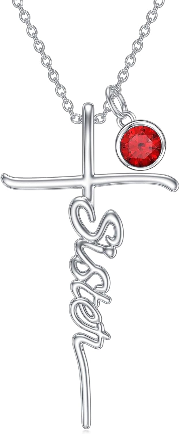 Cross Necklaces for Women 925 Sterling Silver Sister Birthstone Initial Pendant Necklace Cross Birthday Christmas Jewelry Gifts for Women