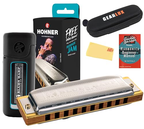Hohner 532 Blues Harp MS Harmonica - Key of C Bundle with Case, Pouch, Austin Bazaar Online Manual, and Polishing Cloth