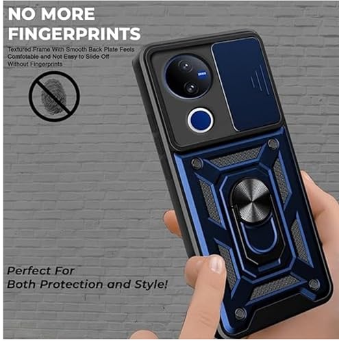 Image of SPAZY CASE vivo V50 5G Back Cover | Heavy Duty Hybrid Case with 360 Degree Rotating Finger Ring Holder + Slider Shutter Camera Protection Case for vivo V50 5G - Blue