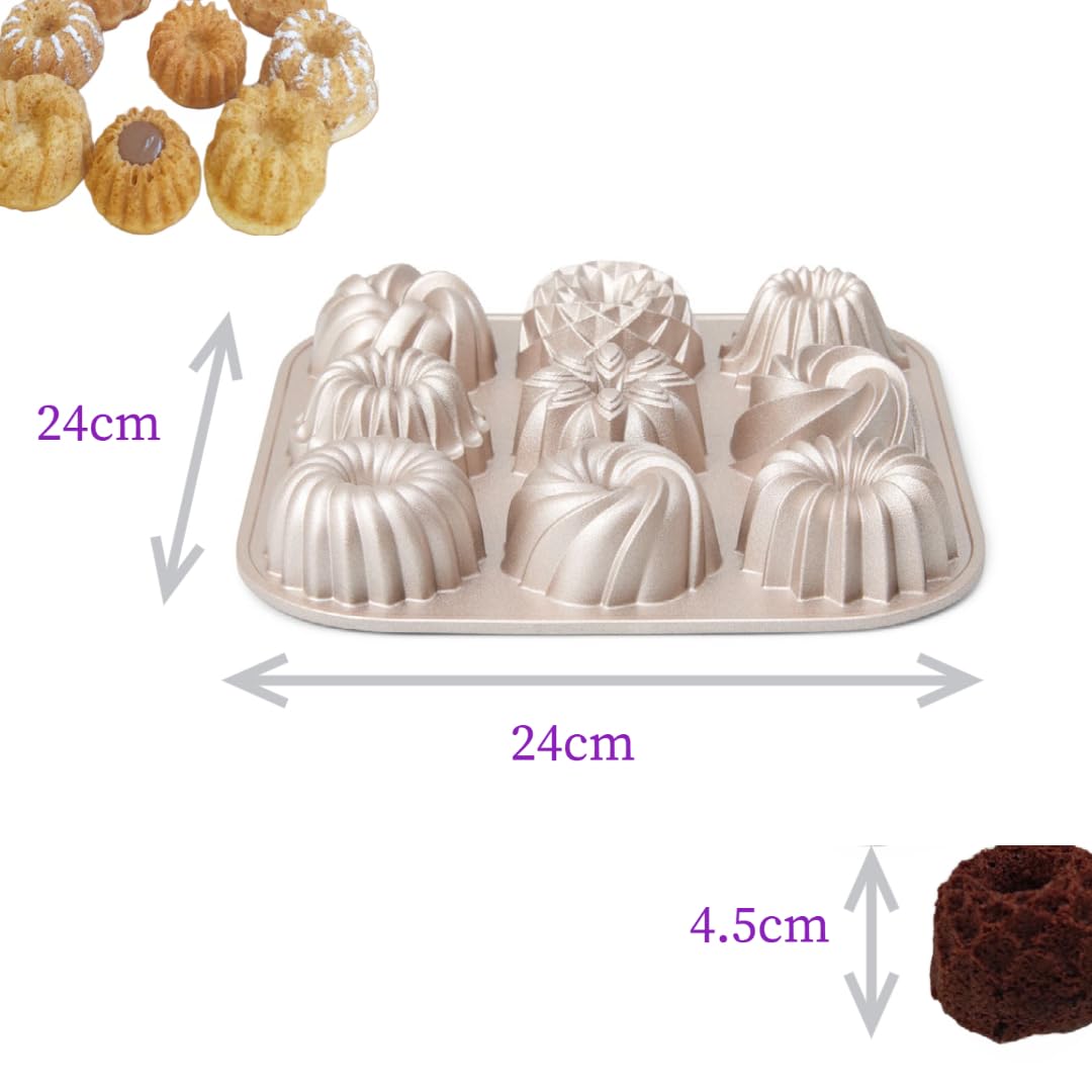 patisse 04521 - Moule 9 mini kouglofs, Moule à gâteau 9 mini bundt cakes – Fonte d’aluminium, beige doré, 24x24x4.5cm