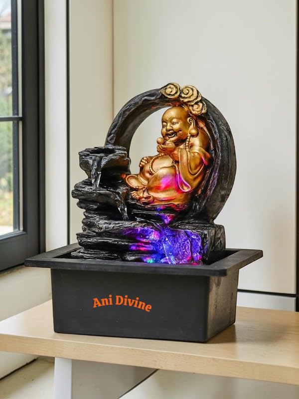 Ani Divine LED Laughing Buddha Water Fountain Showpiece | Indoor Tabletop Cascading Waterfall with Crystal Ball | Feng Shui Buddha Idol for Home Decor, Office Desk-image-28