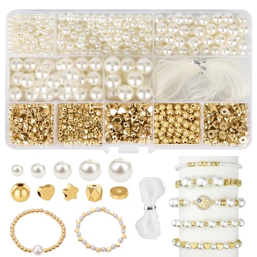 LFBEST 590 Pièces Perles Blanches, 500 Pièces Perles Intercalaires Dorées, 4/6/8/10/12mm Blanc Perles Rondes de Verre, Blanc Perles Dimitation pour la Fabrication Bijoux Colliers Bracelet