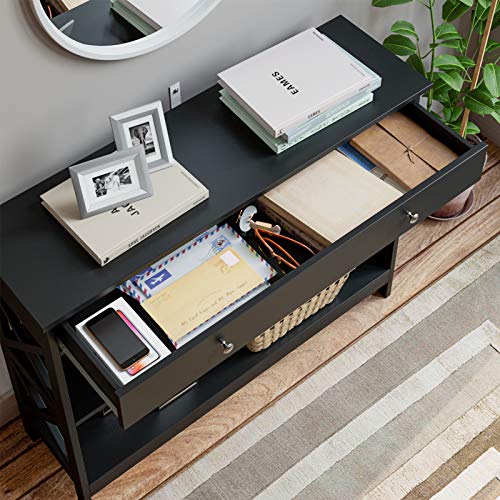 Kealive Console Table with 1 Drawer, Tall Entryway Table with 3-Tier Storage Shelves, Narrow Sofa Entry Table for Hallway Living Room, Sturdy Wood X Frame, 39.4 x 11.8 x 31.5 inches, Modern Black