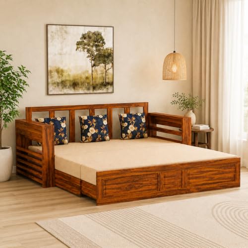 Image of Ganpati Arts Solid Sheesham Wood 3 Seater Lurid Sofa Cum Bed with Side Pocket for Living Room Bed Room | Wooden Bedroom Furniture for Home (Natural Finish)
