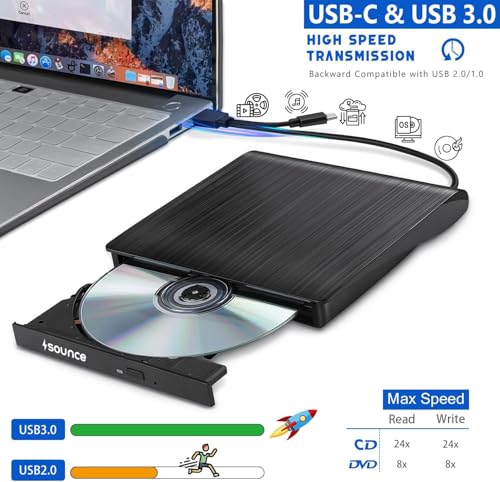 Image of Sounce External DVD Drive USB 3.0 & Type-C CD Burner, Slim Portable Optical Drive CD /DVD ROM + /-RW Rewriter Compatible with Laptop, PC, MacBook, Desktop, Notebook, Windows, Linux Mac OS - Black