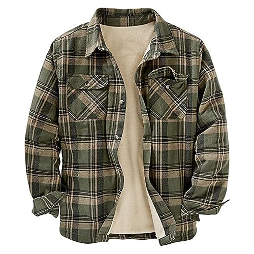 Mens Plaid Shirt Jacket Long Sleeves Quilt Lined Flannel Sherpa Lined Jacket with Hand Pockets Plaid Button Down