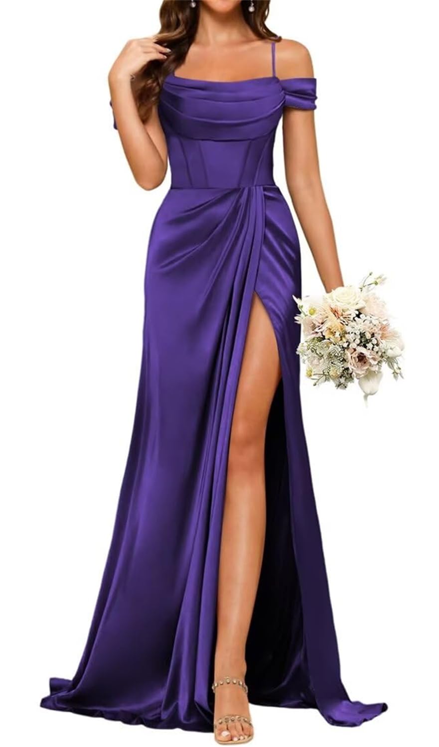 Yiann Women's Purple Satin Bridesmaid Dresses For Pleated Mermaid Prom Gown Corset Formal Evening Dress Uk10