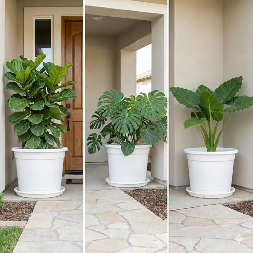 Image of 12 Inch Glossy White Plastic Planter with Bottom Plate | Heavy Duty Flower Pot with Tray for Indoor Home Decor, Balcony, Living Room & Outdoor Garden (3 Pot, White)