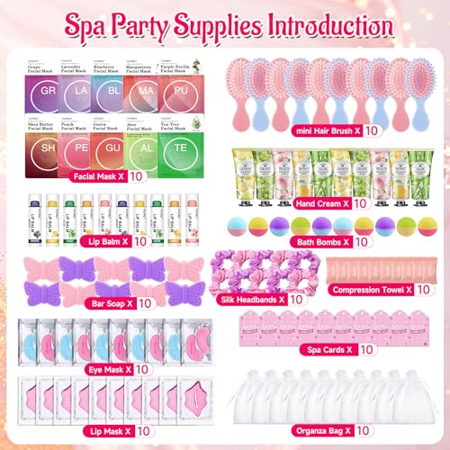 VESPRO 110PCS Spa Party Supplies for Girls Spa Party Favors Include Face Masks Skincare,Hand Cream,Lip Balm,Eye Patches,Lip Mask,mini Hair Brush, Stocking Stuffers for teen Girls,Sleepover Party gifts