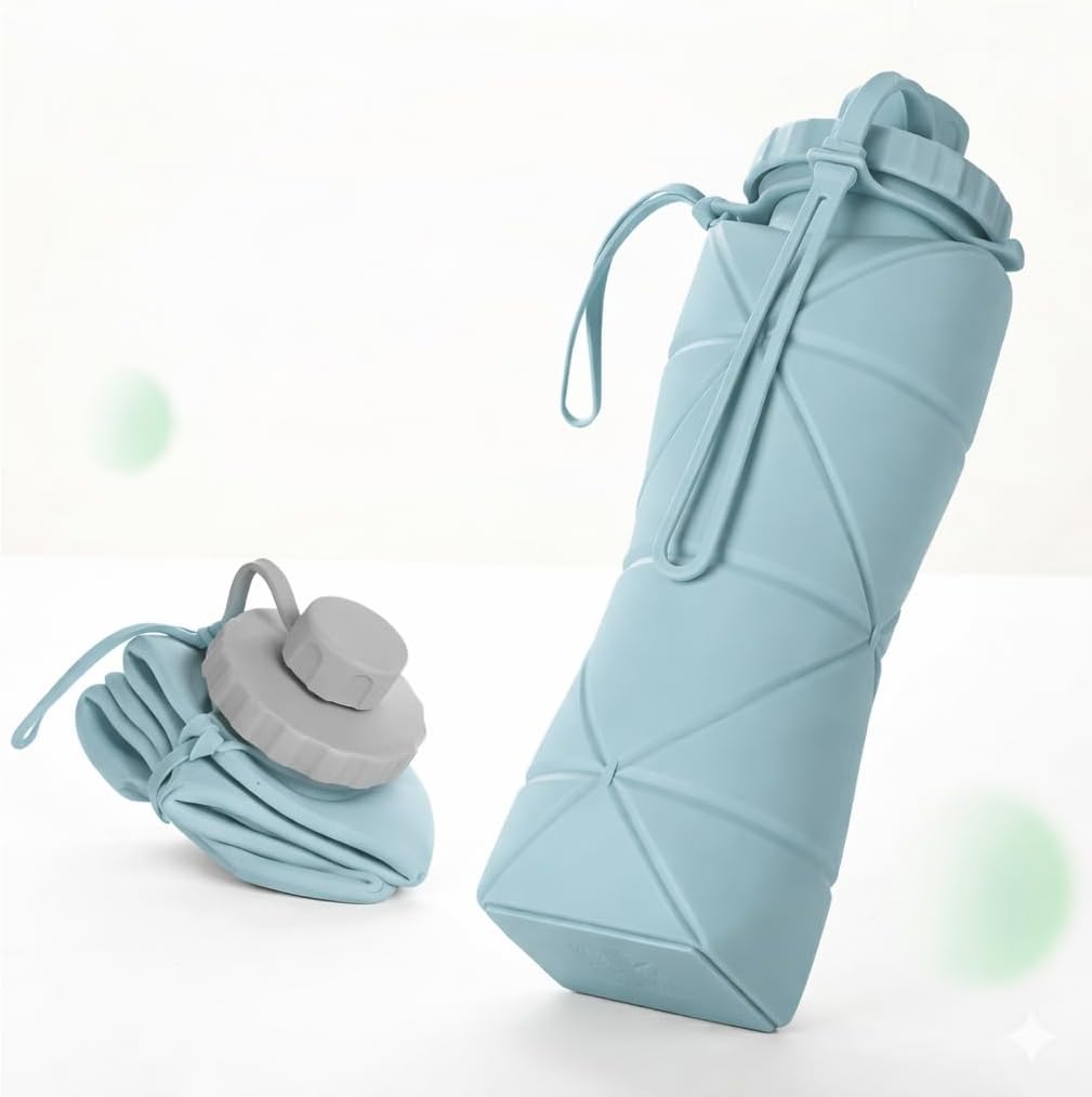 Folding Silicone Water Bottle | Collapsible Travel Water Bottle for Gym, Office, School, Cycling, Hiking & Outdoor Sports | Leak-Proof, Portable Bottle | 600 Ml (Blue)