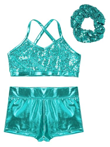 Girls 3 Pieces Dance Outfit Sport Crop Top Bra with Shorts Hair Tie Set Gymnastics Workout Tracksuit3