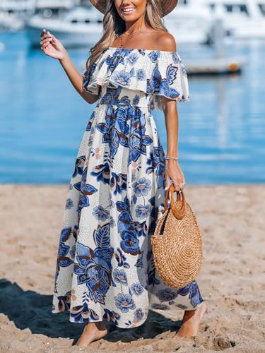 Image of CUPSHE Women Ruffle Floral Maxi Summer Dress Off Shoulder Short Sleeve Backless Flounce Bodice Slit Hem Beach Dresses