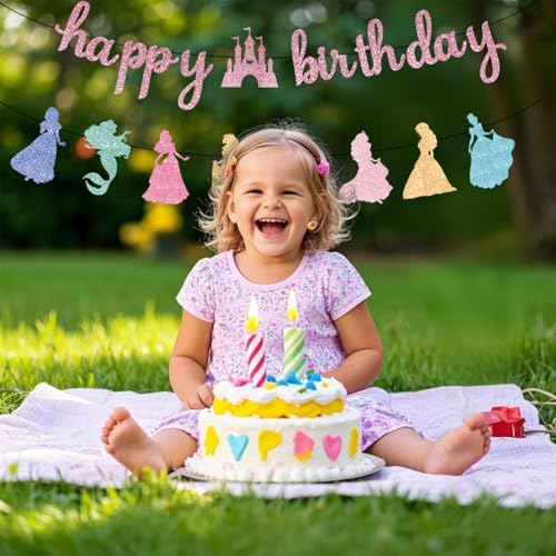 Image of Pink Happy Birthday Princess Banner Decorations Pink Garland Glitter Bunting for Girls Coquette Birthday Party Decorations Favor Supplies