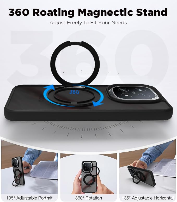 Image of RIGGEAR Shockproof Sleek Hybrid Armor 360 Rotating Magnetic Ring Stand Back Cover Case Compatible with MagSafe Accessories for iQOO 15 5G (Smoke Black Matte PC and Black TPU Bumper)(Ring-Stand)