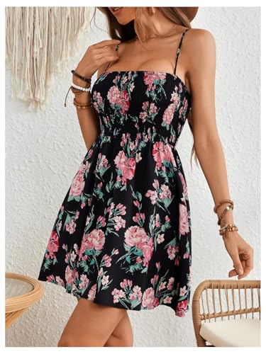 Image of Floerns Women's Boho Floral Print Sleeveless Sundress Ruched Bust Flare Hem Vacation Cami Short Dress