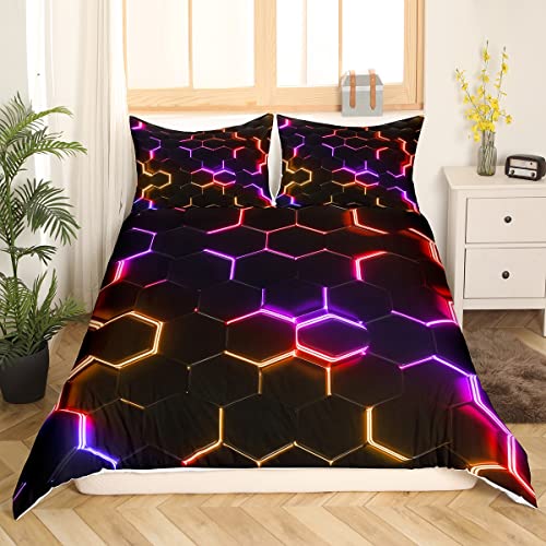 Rred Purple and Black Print Duvet Cover Hexagonal Bedding Set Kids Boys Teens Honeycomb Decor Comforter Cover Beehive Geometric Bedspread Cover Bedroom Collection 2Pcs Single Size - Image 3