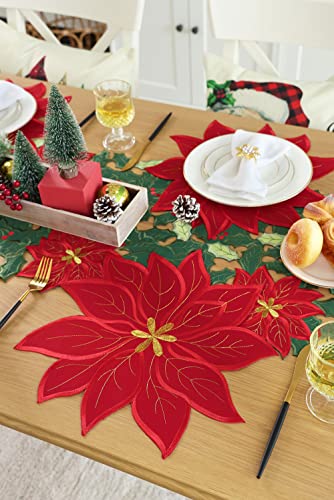 Feuille Red Christmas Placemats Set Of 4 Poinsettia Placemats Polyester Winter Placemats Round Xmas Placemats Perfect For Christmas Decorations Indoor (14 Inch) #TOP5