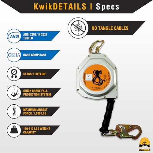Image of KwikSafety - Charlotte, NC - Cobra 30' Self Retracting Lifeline [NO Tangle Steel Cable] Class 1 SRL ANSI OSHA Retractable Fall Arrest Safety Construction Roofing PPE Gear